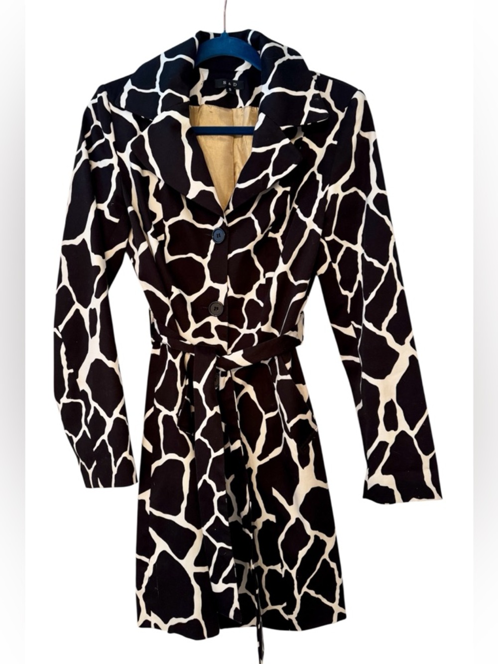 S & D Women’s 4 Button Belted Black & White Blazer Jacket Trench Wrap Coat